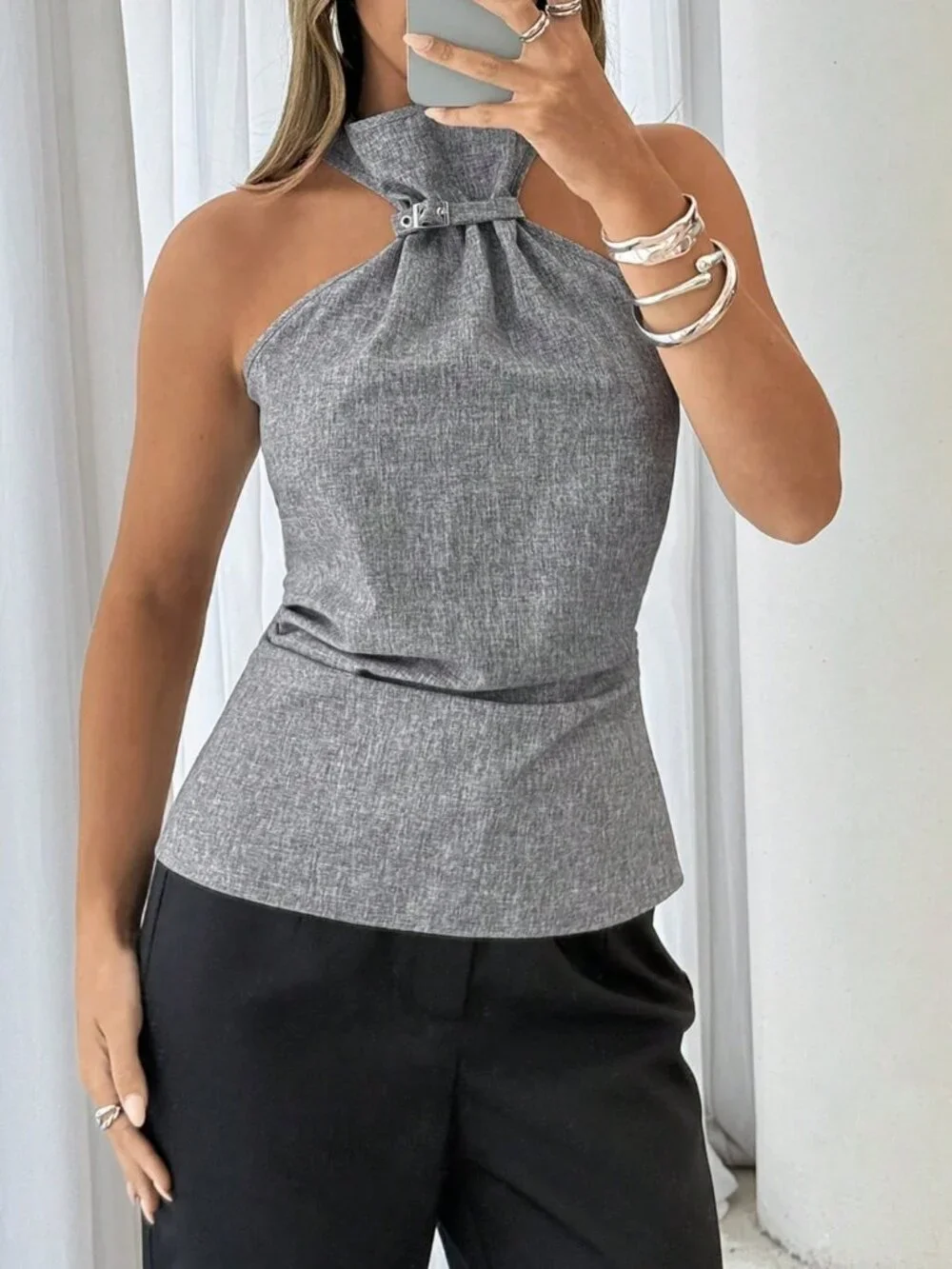 Gray Casual Women's Sleeveless High Neck With Gathering Front Detail - Picture 6 of 11